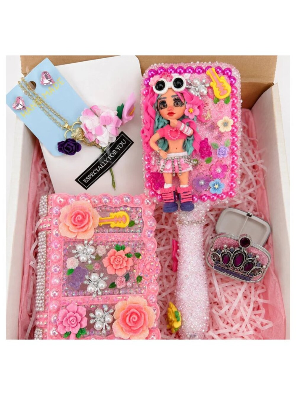 Birthday Gift Box for Her | Decorated Hair Brush & Handmade Jewelry Set
